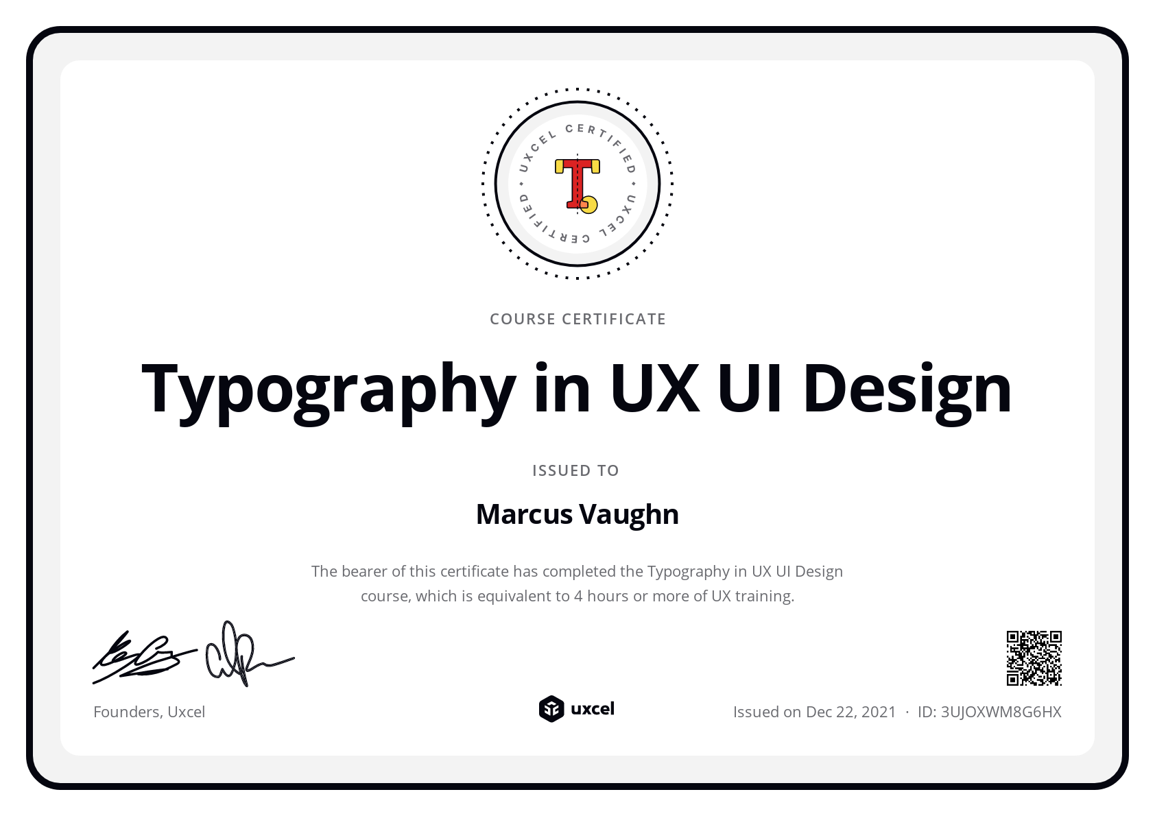 Marcus Vaughn's certificate